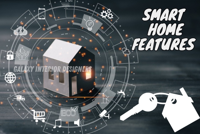 Smart home features conceptual design by Galaxy Interior Designers in Chennai, showcasing a digital model of a house surrounded by icons representing automation, eco-friendly technology, and connectivity