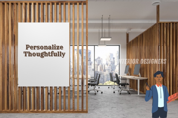 Modern office interior design featuring wooden slats and open workspace with city view, emphasizing personalized thoughtful decor for Galaxy Interior Designers, Chennai.