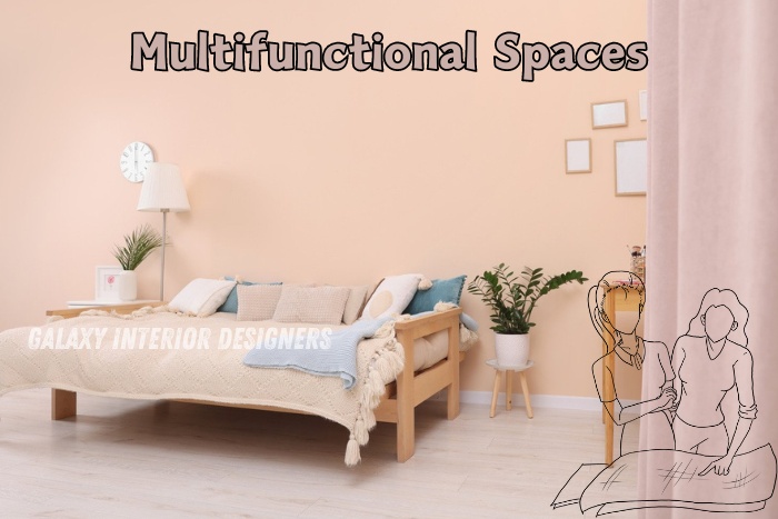 Multifunctional spaces created by Galaxy Interior Designers in Chennai, featuring a cozy bedroom setup with a convertible sofa, neutral decor, and modern design elements