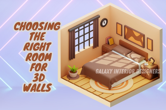 Choosing the right room for 3D walls by Galaxy Interior Designers in Chennai, featuring a stylishly furnished bedroom with modern decor and a brown checkered bedspread