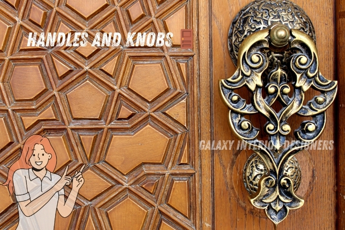 Decorative brass door handle on a beautifully carved wooden door, showcasing the intricate design of handles and knobs. Enhance your Chennai home's aesthetic with Galaxy Interior Designers' custom hardware solutions