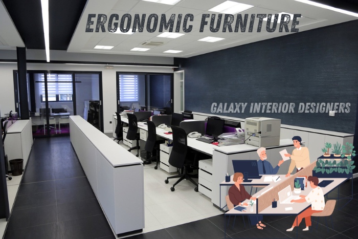 Modern office setup showcasing ergonomic furniture designed for maximum comfort and productivity, crafted by Galaxy Interior Designers, Chennai. The workspace features adjustable chairs and desks, ensuring an optimal work environment for enhanced employee well-being and efficiency