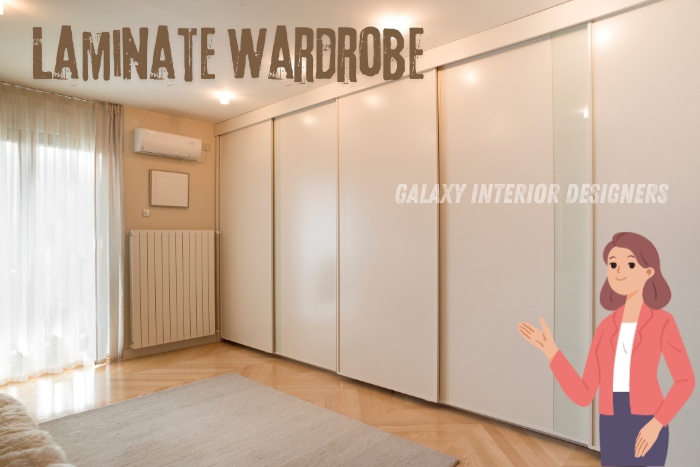 Spacious bedroom featuring a sleek laminate wardrobe with sliding doors, designed by Galaxy Interior Designers in Chennai. This modern wardrobe solution offers ample storage while maintaining a clean and sophisticated look, perfect for contemporary homes