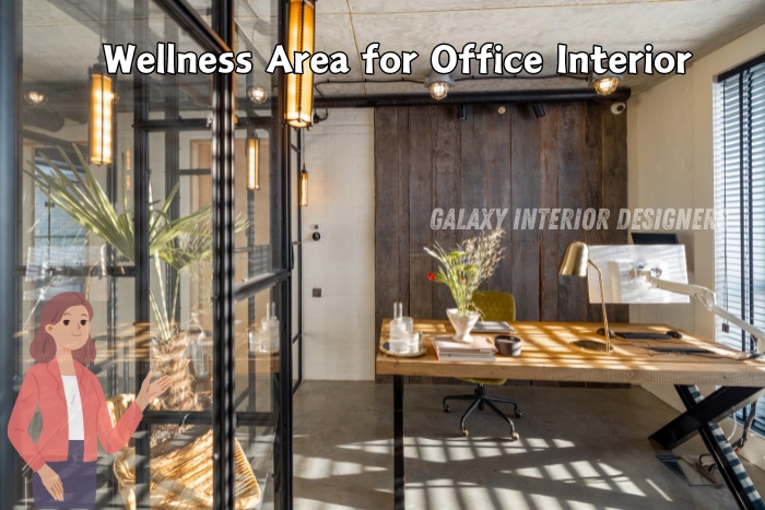 Stylish office wellness area featuring a natural wood desk and abundant natural light, designed by Galaxy Interior Designers, Chennai. This tranquil space incorporates indoor plants and cozy seating to promote relaxation and employee well-being