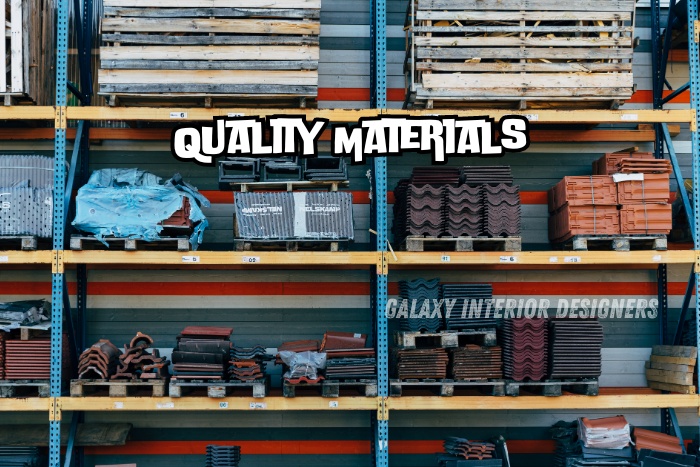 Variety of high-quality construction materials neatly organized on shelves, showcasing the best products for interior design projects in Chennai. Trust Galaxy Interior Designers for premium materials and exceptional craftsmanship