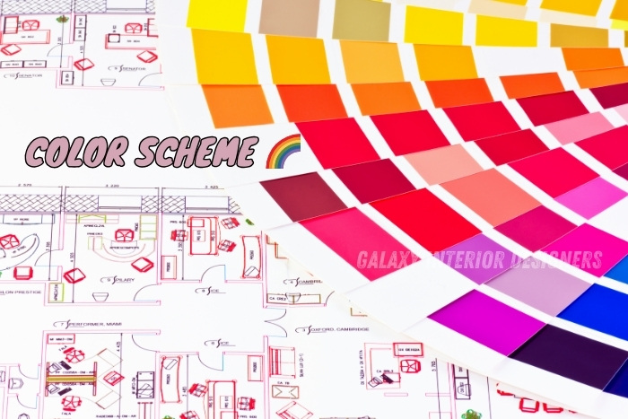 Vibrant color scheme swatches displayed over architectural plans, perfect for planning interior design projects. Enhance your Chennai home's aesthetic with Galaxy Interior Designers' expert color consultation services