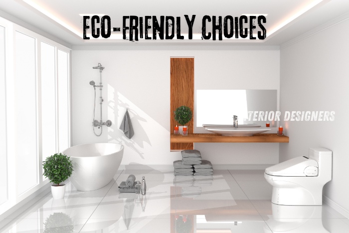 Modern eco-friendly bathroom design featuring a white bathtub, sink, and toilet, with green plants and wooden accents. Enhance your home's sustainability with Galaxy Interior Designers in Chennai. Discover our eco-friendly bathroom solutions that combine style and environmental consciousness