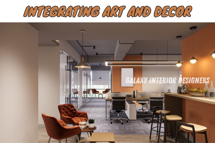 A stylish office space in Chennai showcasing the integration of art and decor, featuring modern furnishings and vibrant colors. Galaxy Interior Designers expertly blends aesthetics and functionality to create inspiring office environments