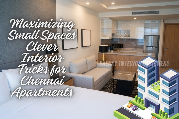 Maximizing Small Spaces: Clever Interior Tricks for Chennai Apartments by Galaxy Interior Designers. This cozy studio apartment showcases efficient space utilization with a compact kitchen, comfortable living area, and neatly organized bedroom space