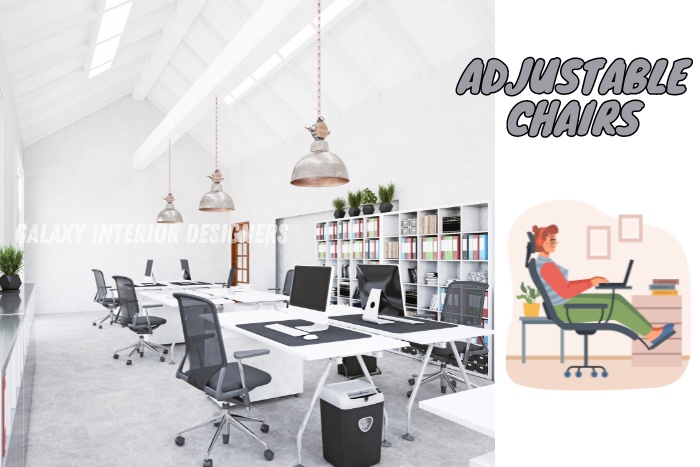 Upgrade your Chennai workspace with Galaxy Interior Designers' ergonomic solutions. This modern office features sleek, adjustable chairs for optimal comfort, spacious desks, and organized shelving. Perfect for boosting productivity in Chennai offices