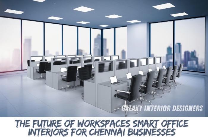 Modern office interior design by Galaxy Interior Designers in Chennai, featuring smart workstations with ergonomic chairs and panoramic city views, perfect for boosting productivity in Chennai businesses