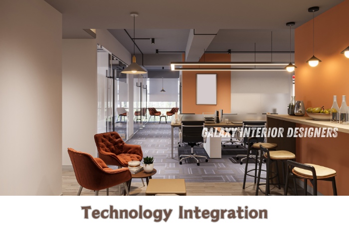 Modern office interior in Chennai by Galaxy Interior Designers, showcasing seamless technology integration with stylish furnishings and a functional workspace layout.