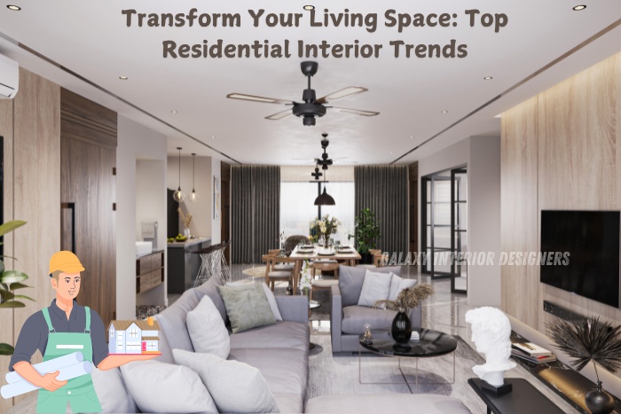 Transform your living space with top residential interior design trends by Galaxy Interior Designers in Chennai. Featuring a modern open-concept living and dining area with stylish furniture and contemporary decor, tailored for residential interiors