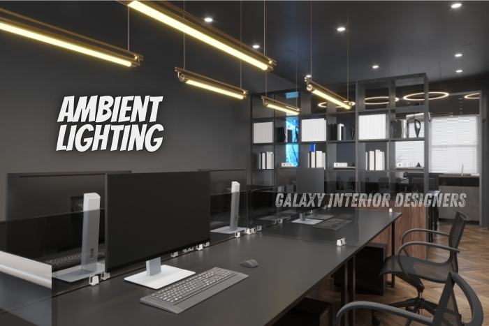 Ambient lighting design in a modern office space by Galaxy Interior Designers in Chennai. Specializing in office interiors, including custom lighting solutions that enhance the workspace environment for better productivity and aesthetics.