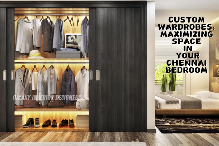 Custom wardrobes by Galaxy Interior Designers in Chennai, designed to maximize space in modern bedrooms. Featuring sleek sliding doors and organized storage solutions for clothes, shoes, and accessories, perfect for residential interiors