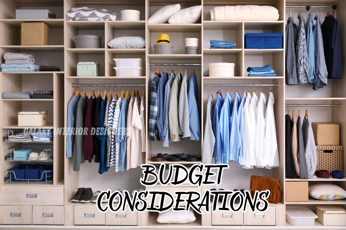 Budget-friendly custom wardrobe design by Galaxy Interior Designers in Chennai, featuring an organized closet with storage solutions for clothes, shoes, and accessories. Specializing in residential interiors with a focus on affordability and style