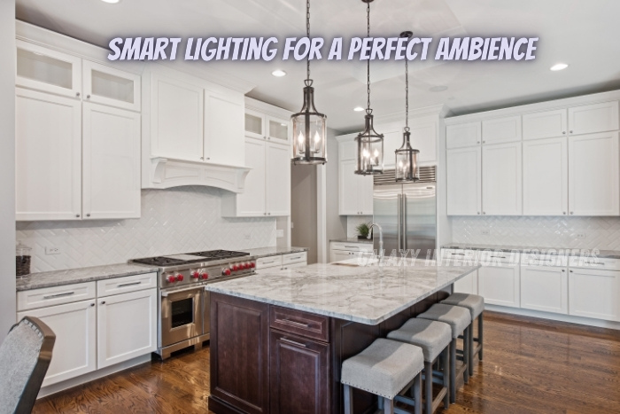 Smart lighting design in a modern kitchen by Galaxy Interior Designers in Chennai, creating the perfect ambiance with elegant pendant lights. Specializing in residential interiors that combine functionality and style for a luxurious living experience.