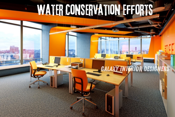 Water-efficient office design by Galaxy Interior Designers in Chennai, featuring sustainable office interiors with eco-friendly practices. Specializing in incorporating water conservation efforts into modern workspace designs to promote sustainability