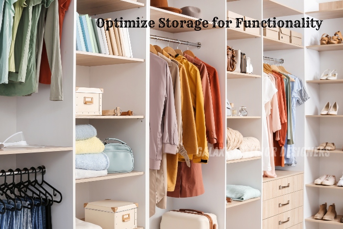 Optimized wardrobe storage design by Galaxy Interior Designers in Chennai, featuring custom shelves and compartments for enhanced functionality. Specializing in creating efficient and stylish wardrobe solutions for modern homes