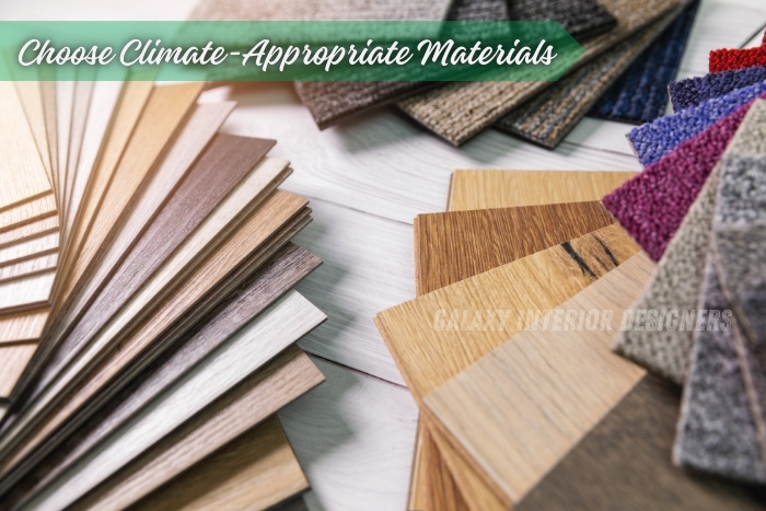 Selection of climate-appropriate materials by Galaxy Interior Designers in Chennai, featuring a variety of wood, laminate, and fabric samples. Specializing in tailored office interior solutions that suit the local climate and enhance durability and style